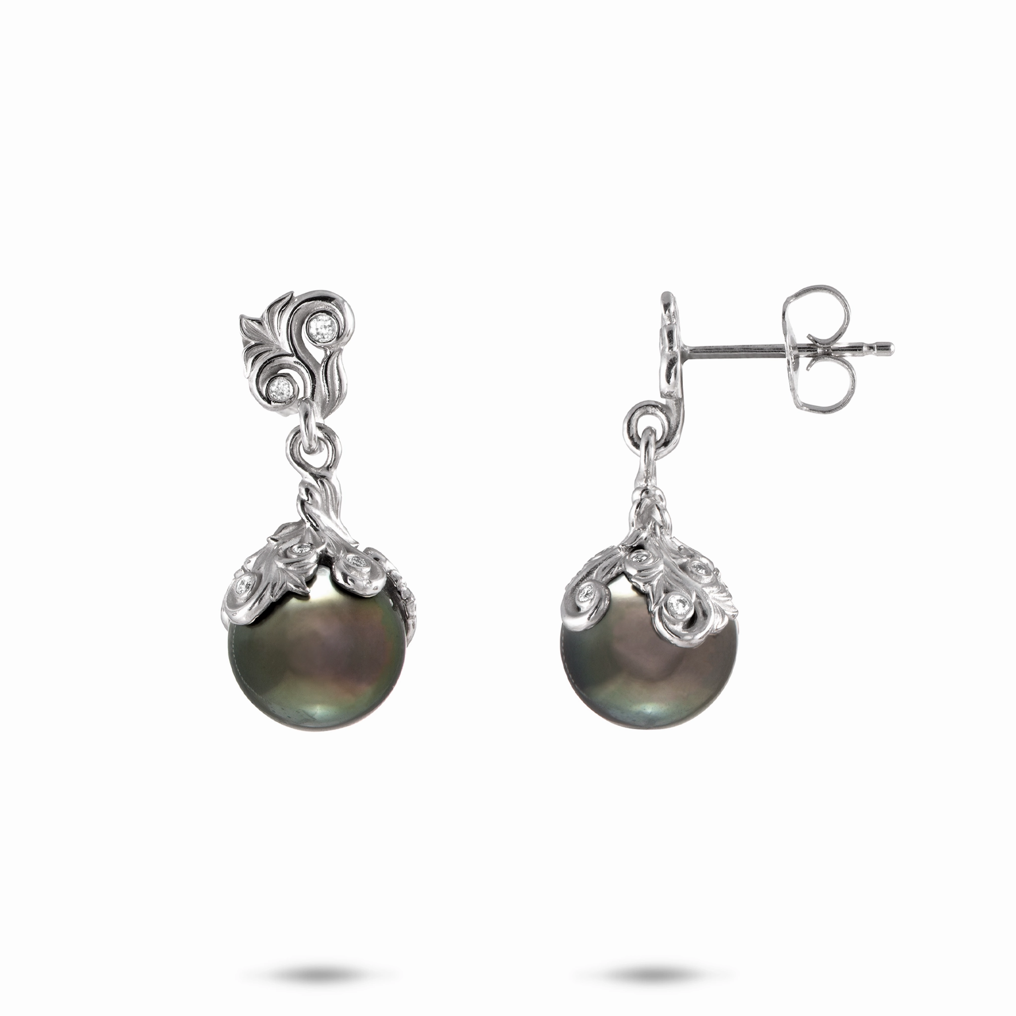 Living Heirloom Tahitian Black Pearl Earrings in White Gold with Diamonds - 9-10mm Youth Set Delicate Layer