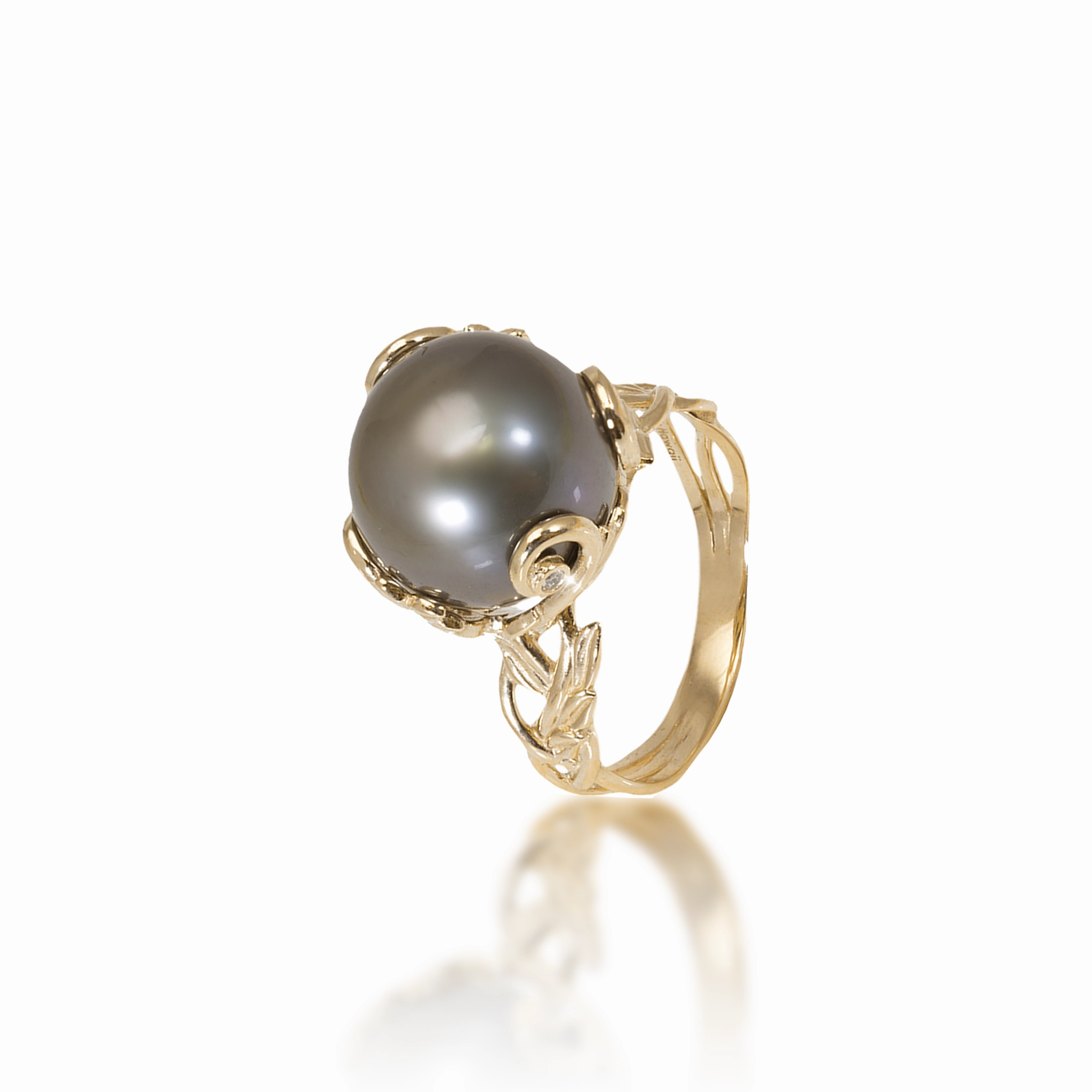 Cute Accent premium design Living Heirloom Tahitian Black Pearl Ring in Gold with Diamonds - 12-13mm