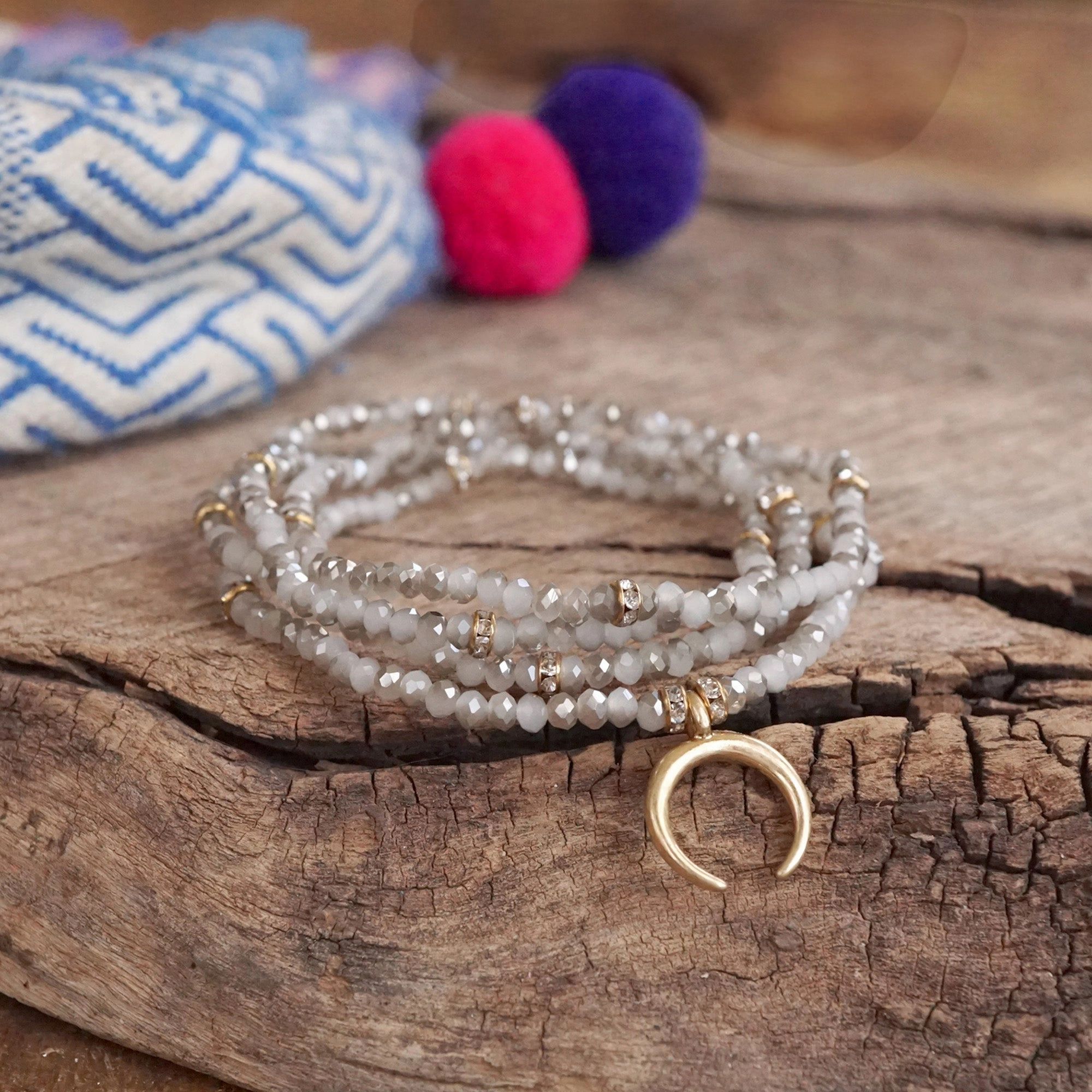 Beaded Bracelet Set with worn gold crescent charm Glass Beads - Grey Neutral Hematite Happy Combinations