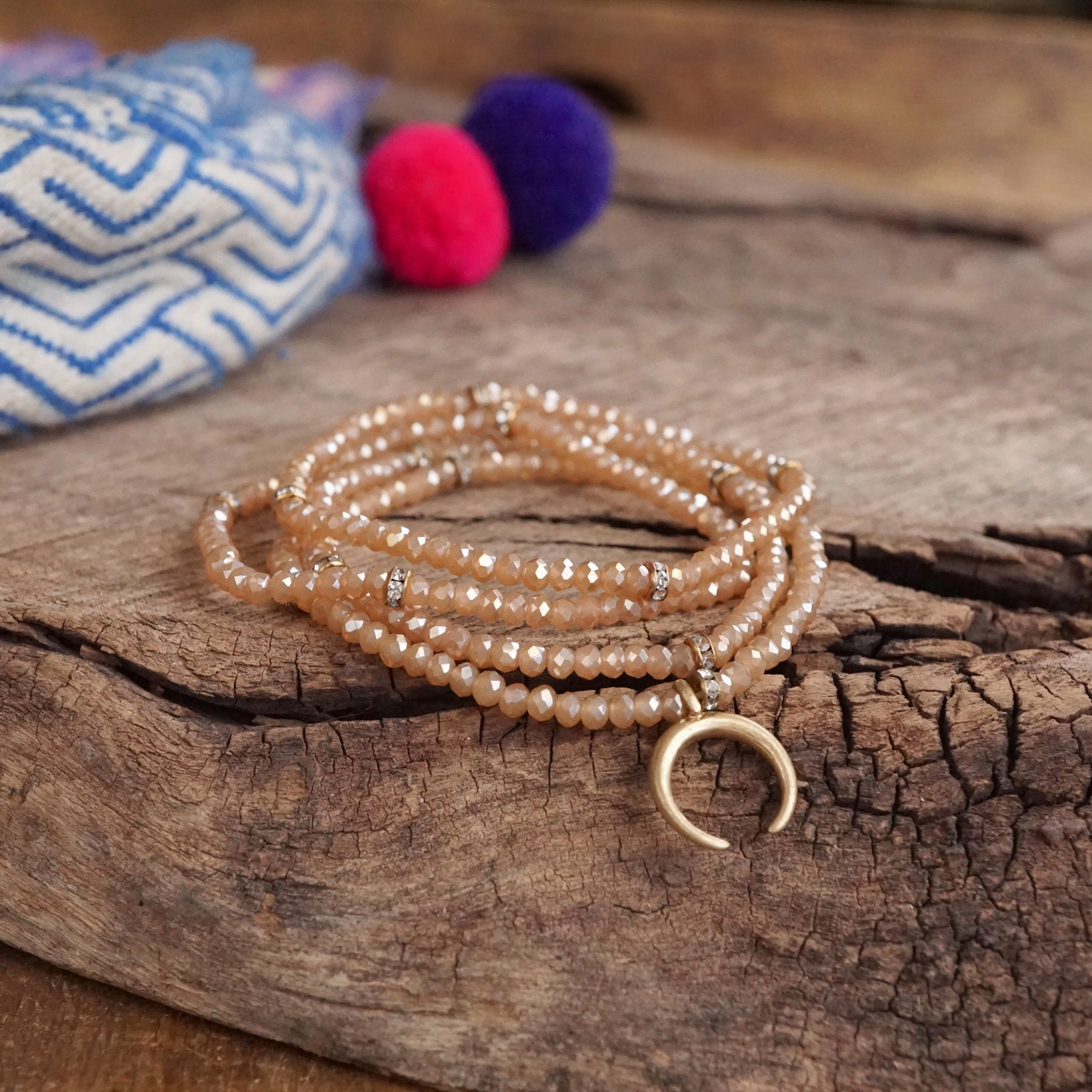 Cultural Motifs Beaded Bracelet Set with worn gold crescent charm Glass Beads - Grey Neutral Hematite