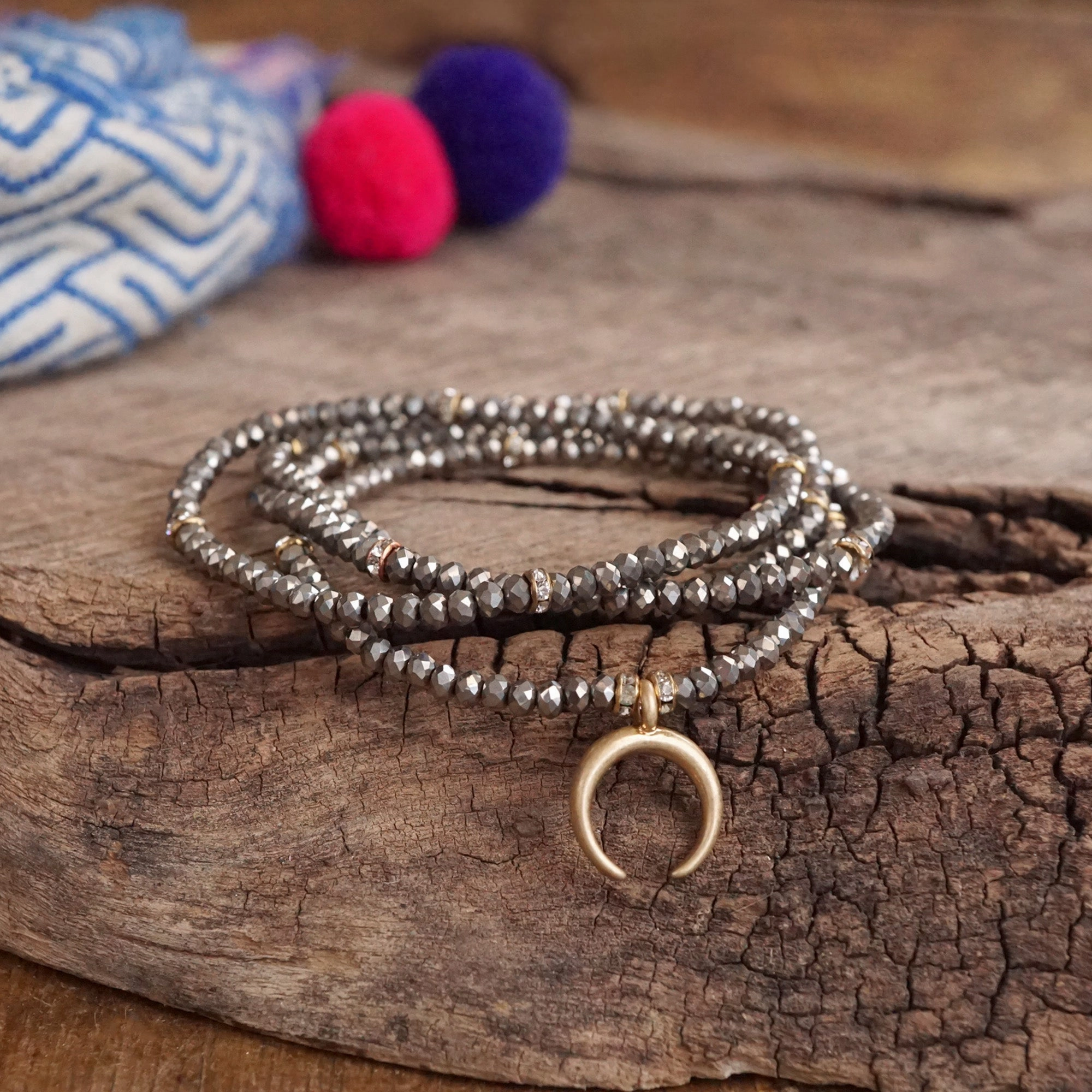 Masterful Design Beaded Bracelet Set with worn gold crescent charm Glass Beads - Grey Neutral Hematite