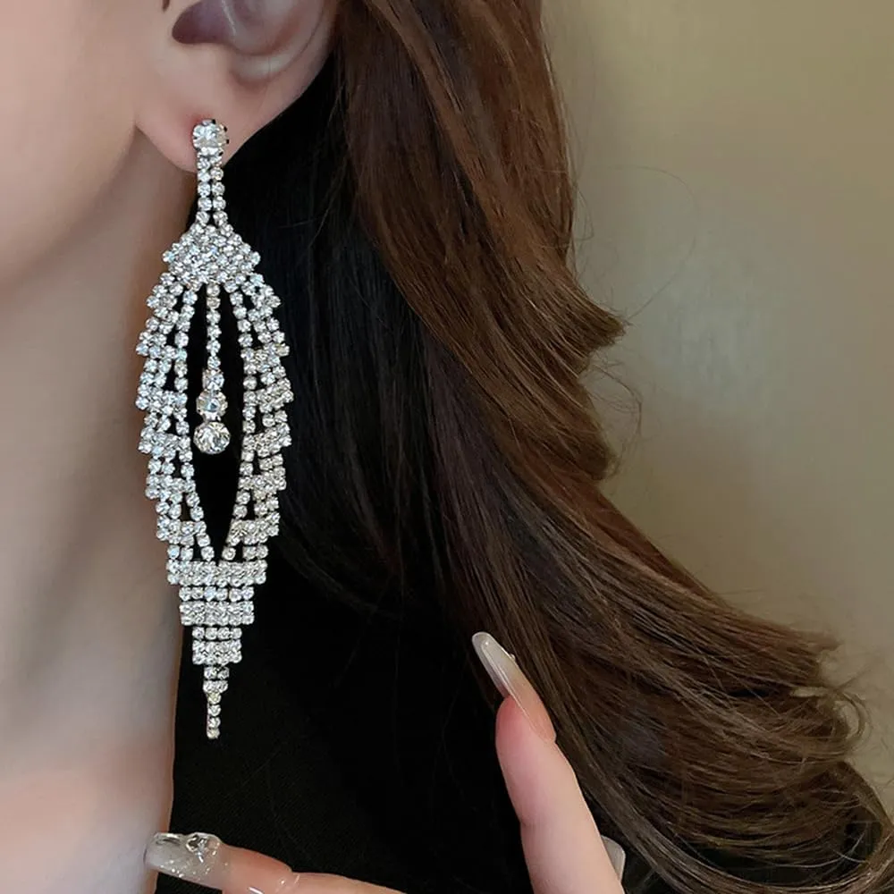 Long Tassel Zircon Rhinestone Dangle Drop Earrings Bohemian Long Fringe Rhinestone Chandelier Earrings Silver Gold Long Fringe Rhinestone Chandelier Earrings for Women Girls