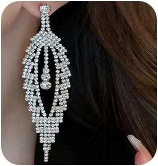 Long Tassel Zircon Rhinestone Dangle Drop Earrings Bohemian Long Fringe Rhinestone Chandelier Earrings Silver Gold Long Fringe Rhinestone Chandelier Earrings for Women Girls