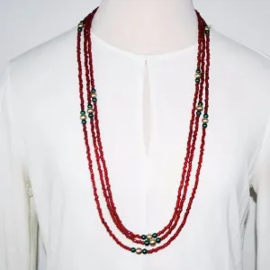 Long Three Strands Red With Green Ascent Necklace
