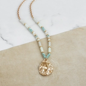 High-End Style Cultural Accent Long Beaded Necklace with Golden Teardrop Pendant - Greens