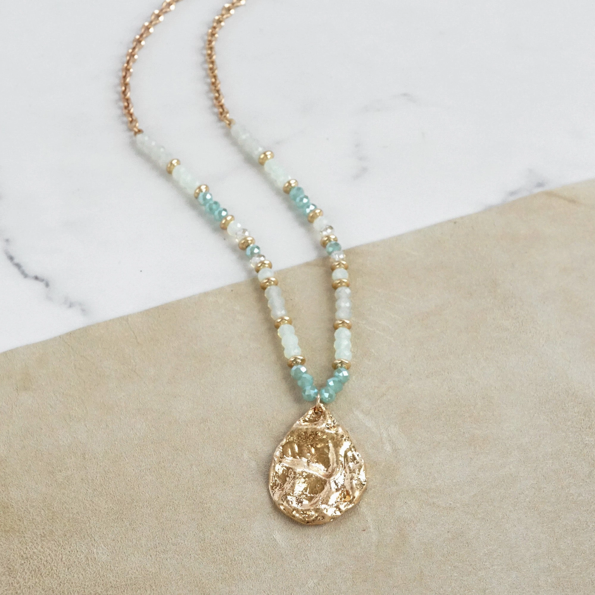 High-End Style Cultural Accent Long Beaded Necklace with Golden Teardrop Pendant - Greens