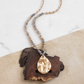 Long Beaded Necklace with Golden Teardrop Pendant - Grey Unique Flair
