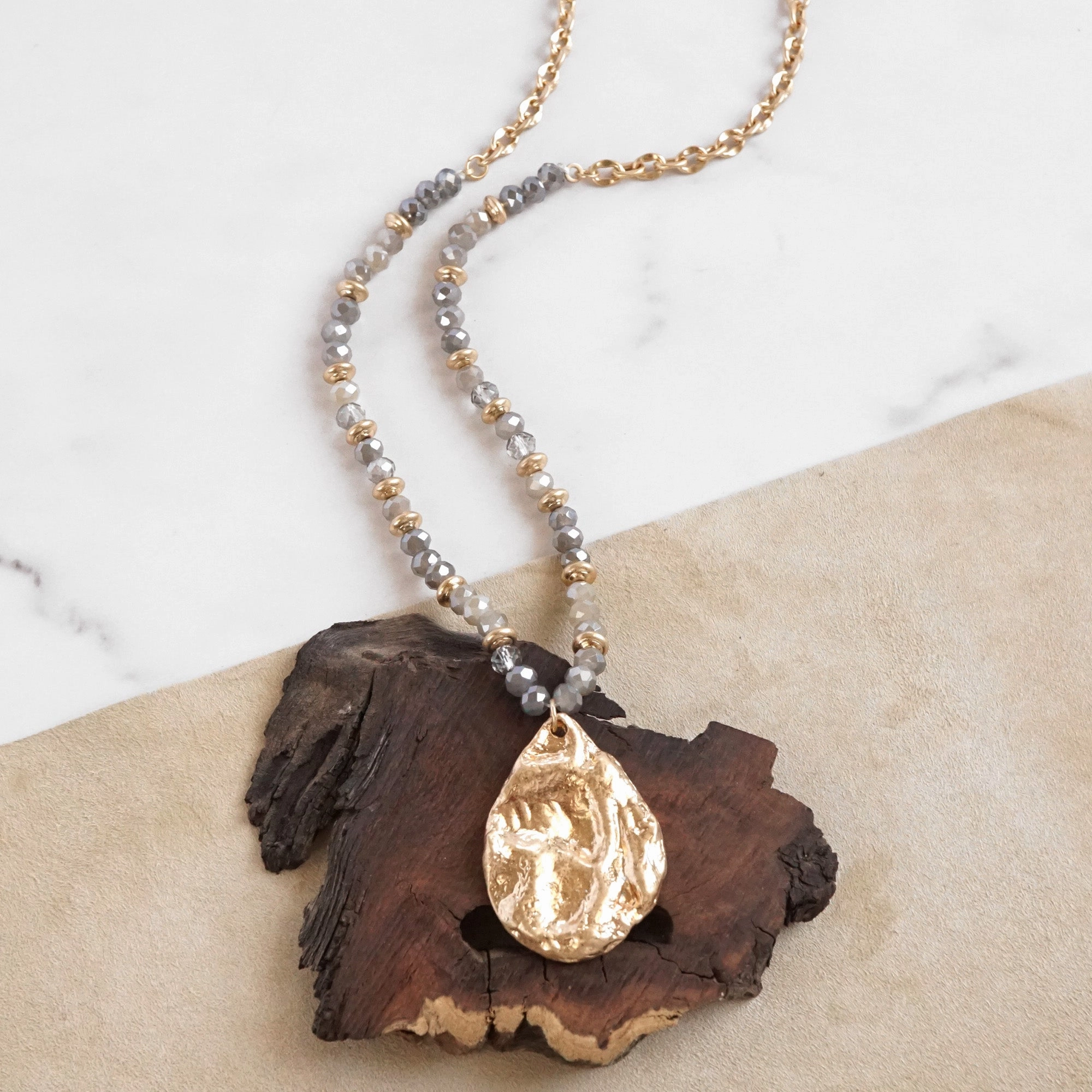 Long Beaded Necklace with Golden Teardrop Pendant - Grey Unique Flair