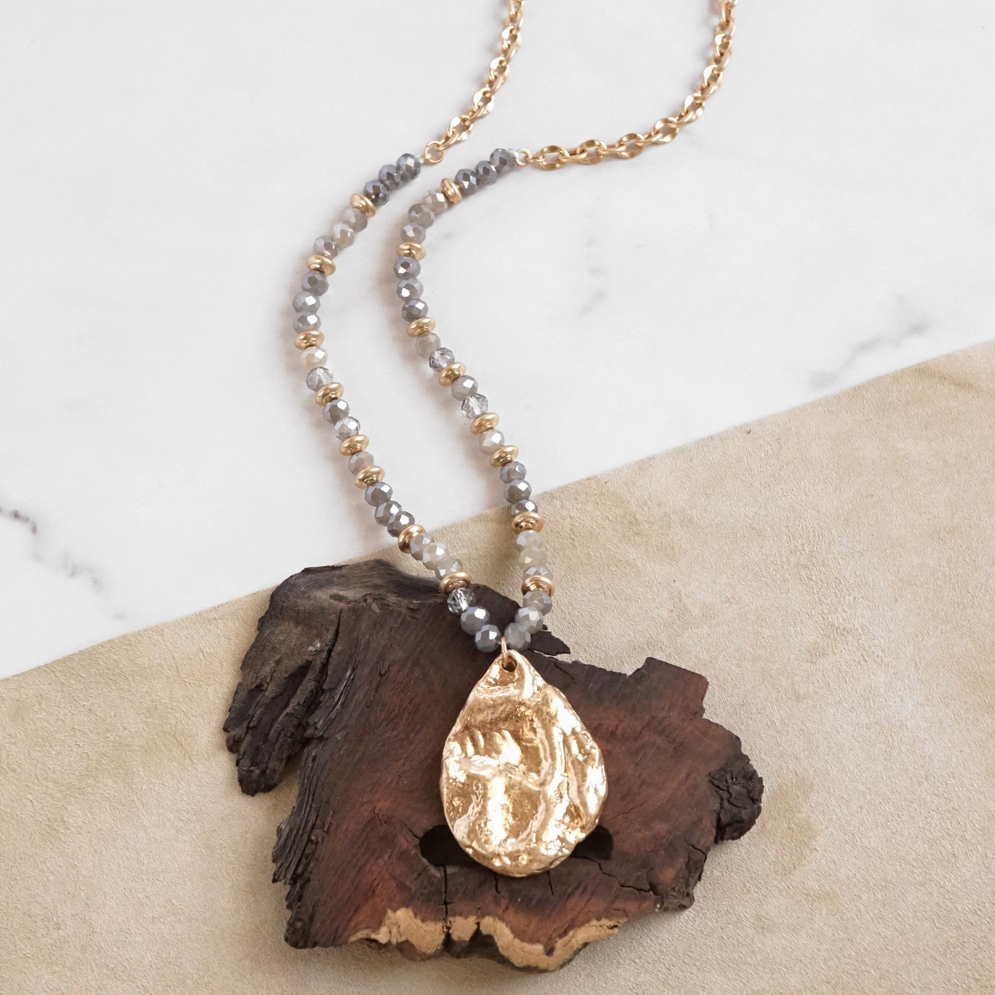 Modern Woman Versatile Style Long Beaded Necklace with Golden Teardrop Pendant - Grey