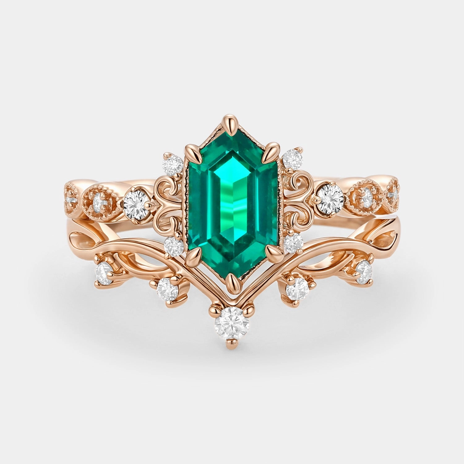 Long Hexagon Lab Emerald Engagement Ring Set 2pcs - Beryl Minimal Aesthetic Gloss Touch