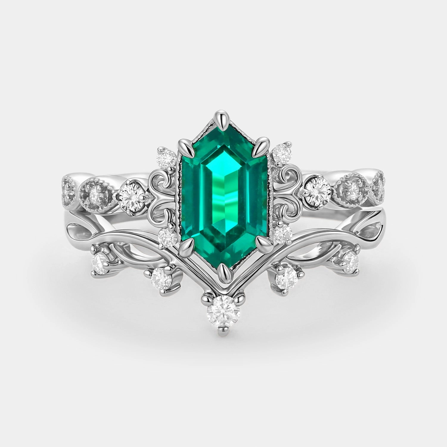 Sleek Texture Graceful Shape Long Hexagon Lab Emerald Engagement Ring Set 2pcs - Beryl