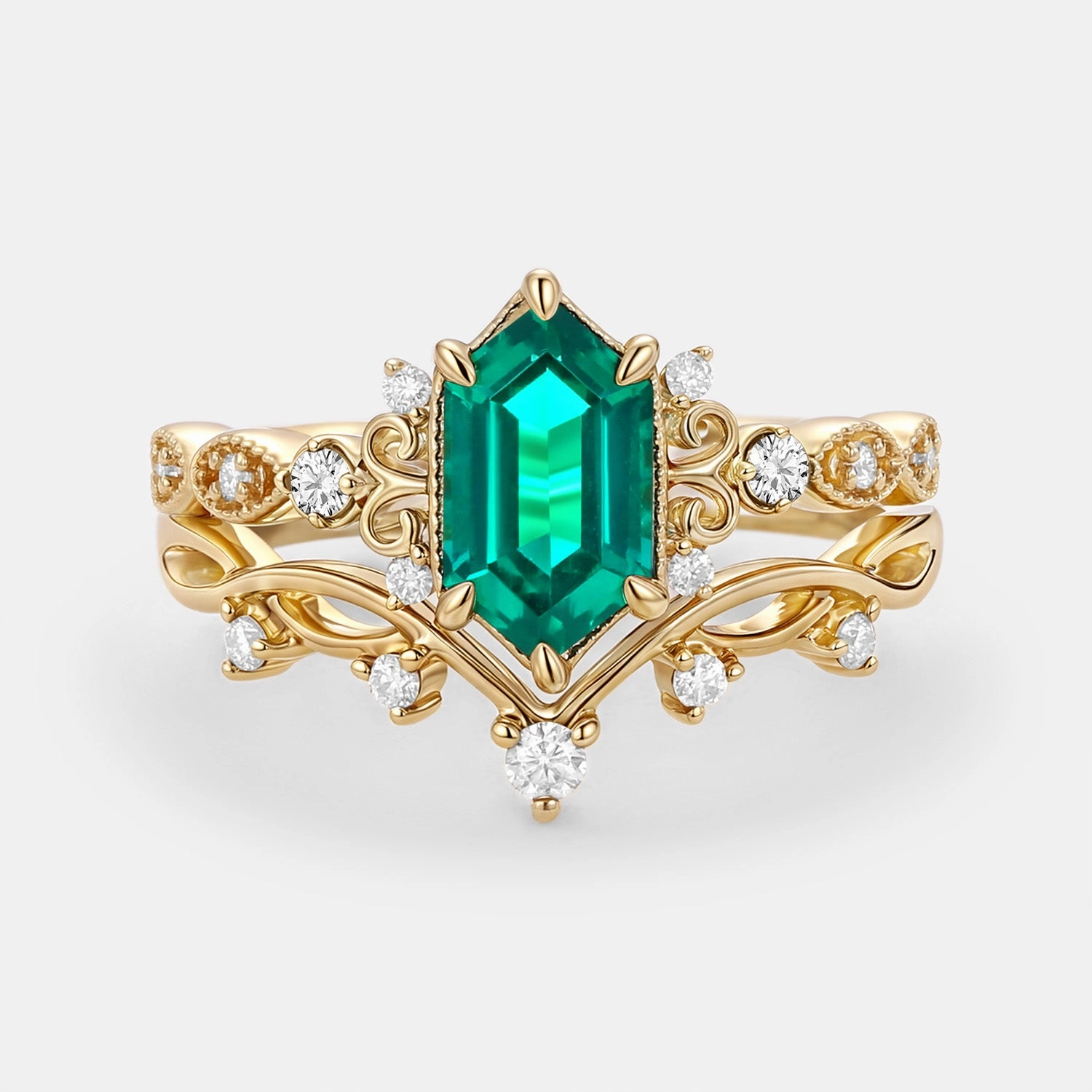 Night Accent Long Hexagon Lab Emerald Engagement Ring Set 2pcs - Beryl