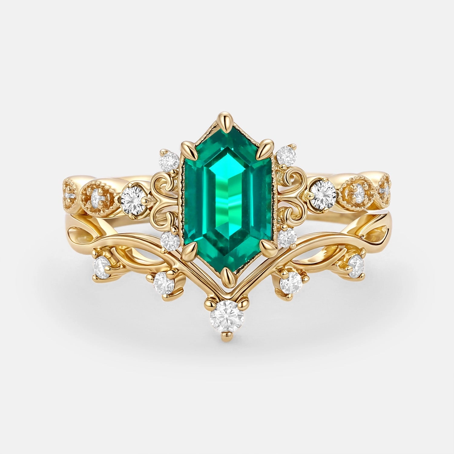 Glamorous Edge Dainty Form Long Hexagon Lab Emerald Engagement Ring Set 2pcs - Beryl