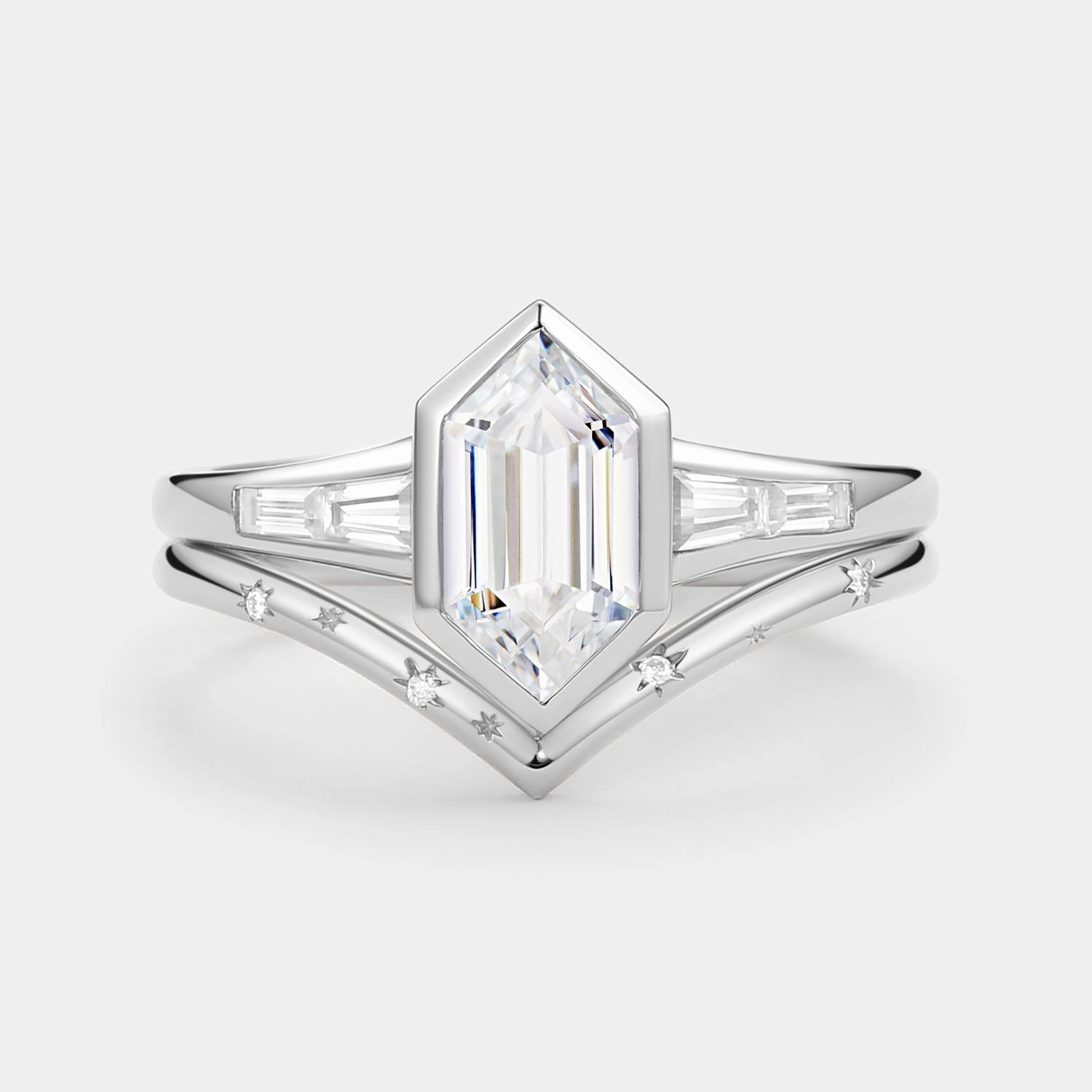 Long Hexagon Lab Grown Diamond Minimalist Bridal Ring Set 2pcs Handcrafted Feature