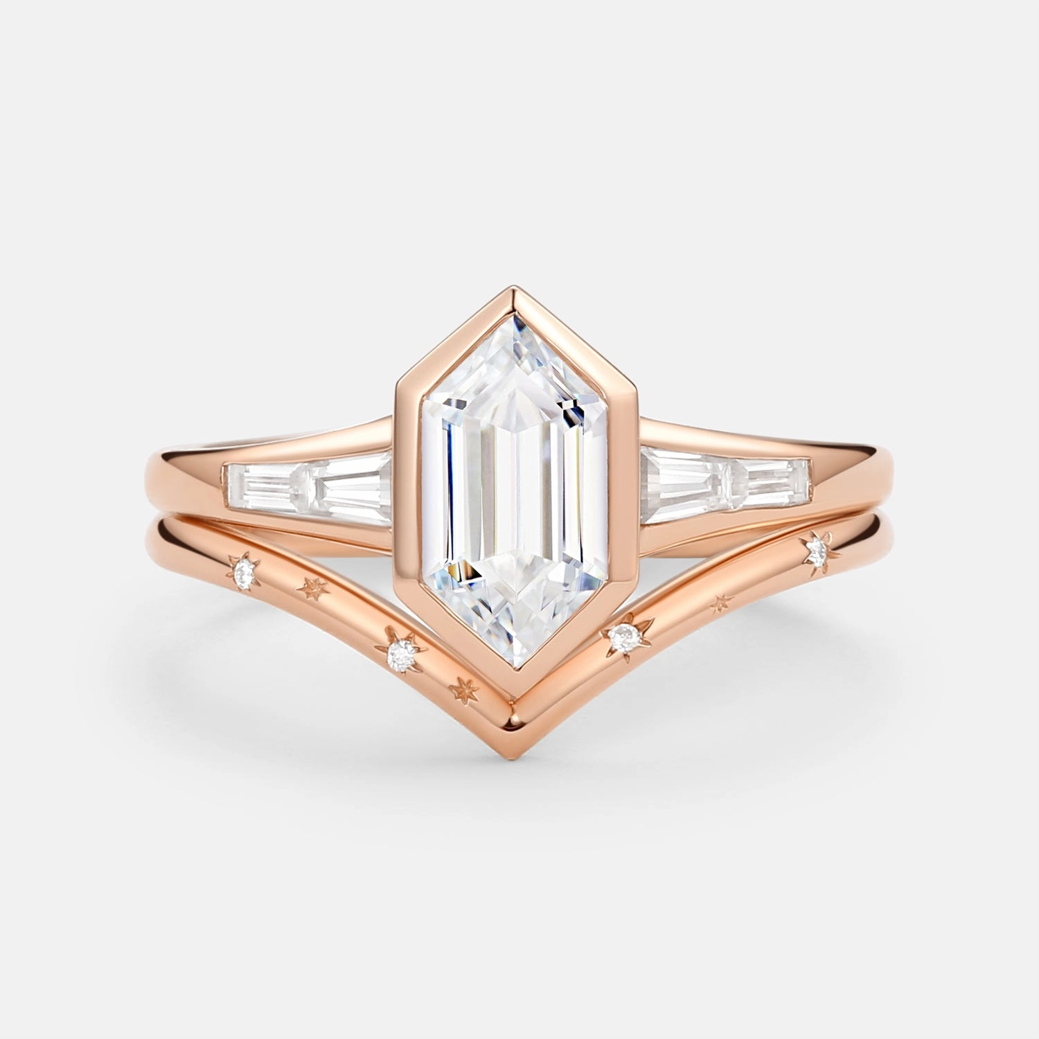 Long Hexagon Lab Grown Diamond Minimalist Bridal Ring Set 2pcs Everyday Charm Outdoor Light