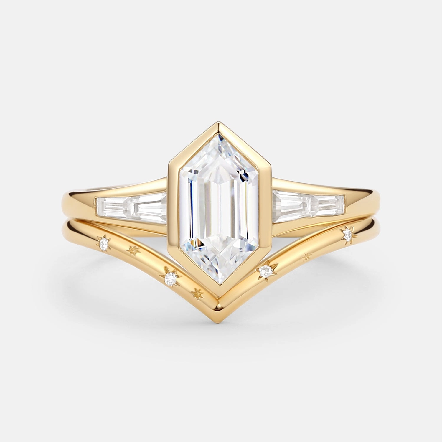 Sophisticated Vibe Metallic Touch Long Hexagon Lab Grown Diamond Minimalist Bridal Ring Set 2pcs