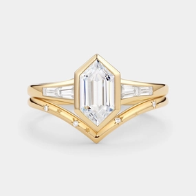 Long Hexagon Lab Grown Diamond Minimalist Bridal Ring Set 2pcs Dynamic Detail