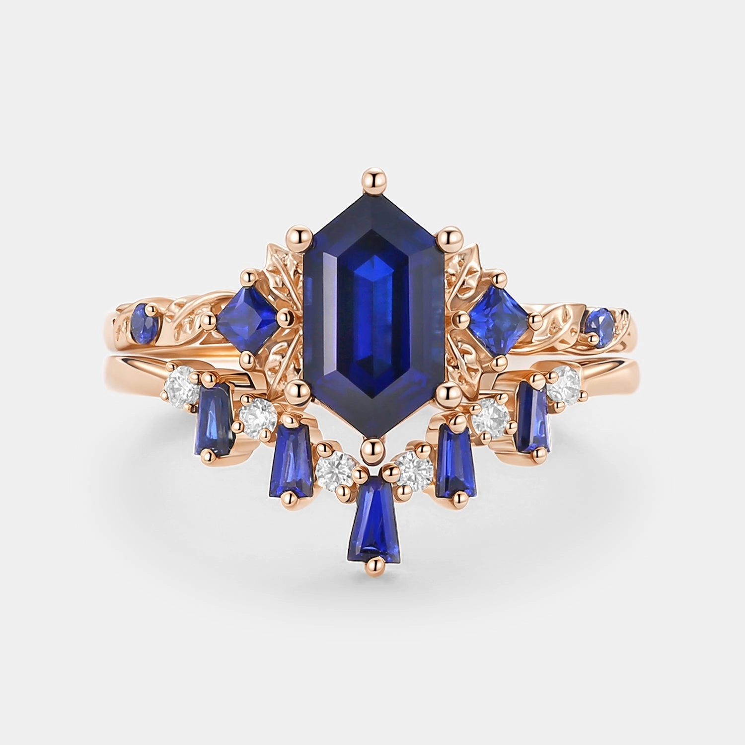 Pure Form Long Hexagon Lab Sapphire Engagement Ring Set 2pcs - Cerulex