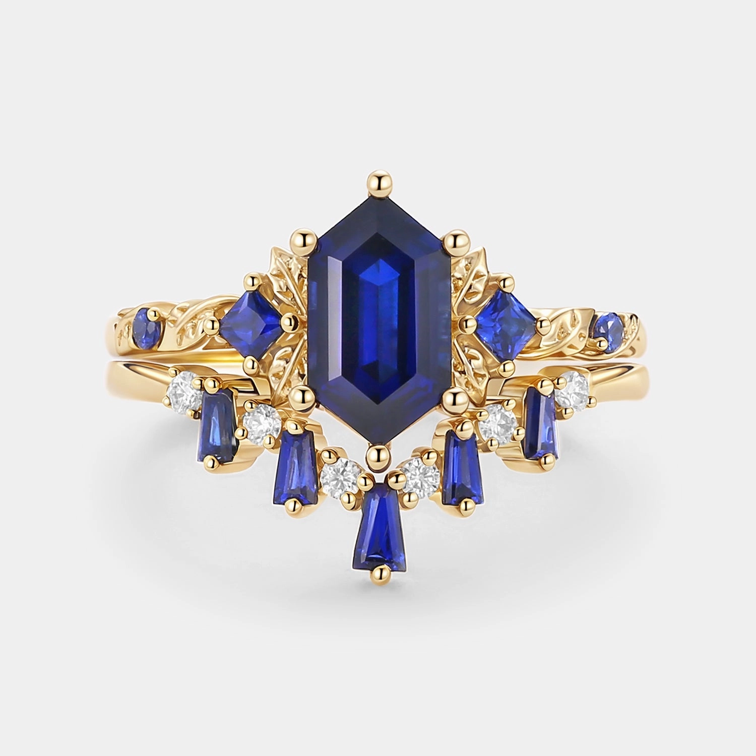 Long Hexagon Lab Sapphire Engagement Ring Set 2pcs - Cerulex Fashionable Finish Exquisite Craft