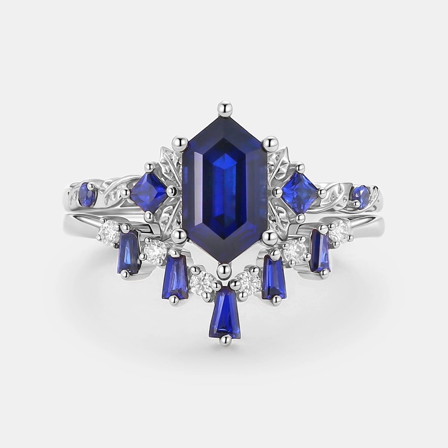 Long Hexagon Lab Sapphire Engagement Ring Set 2pcs - Cerulex Bridesmaid Gift