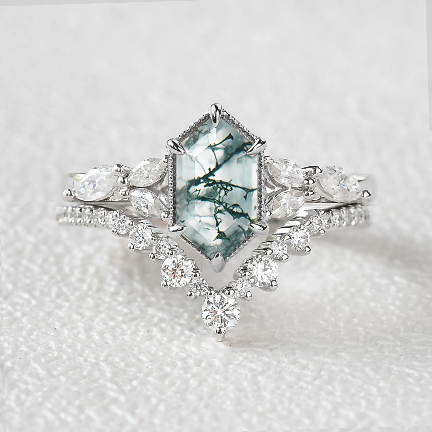 Long Hexagon Moss Agate Cluster Engagement Ring Set 2pcs Shiny Embellishments