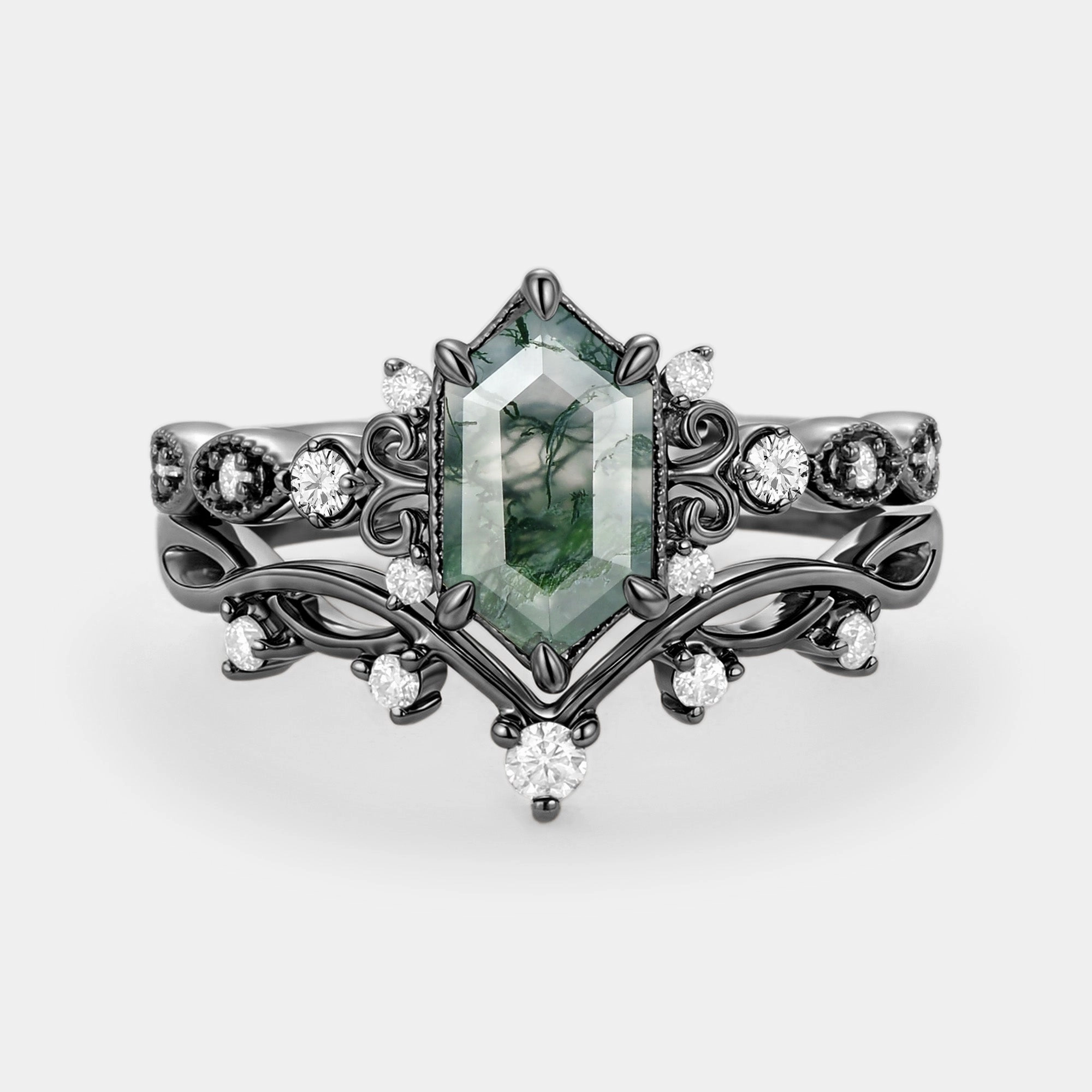 Styled Accent Long Hexagon Moss Agate Engagement Ring Set 2pcs - Beryl