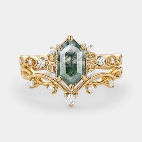 Distinctive Touch Pieces Long Hexagon Moss Agate Engagement Ring Set 2pcs - Beryl