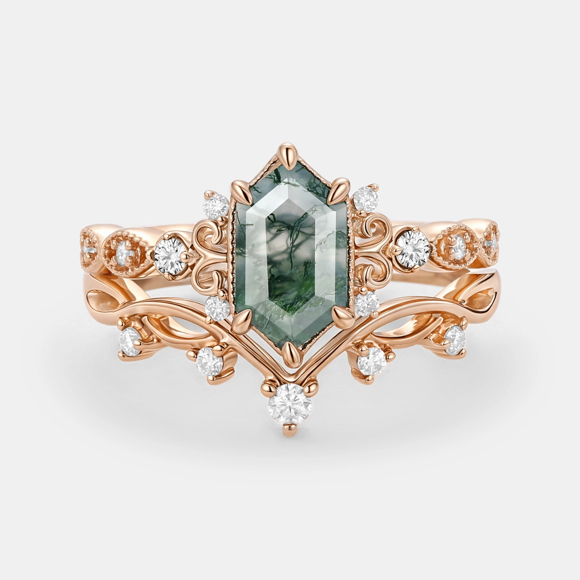 Long Hexagon Moss Agate Engagement Ring Set 2pcs - Beryl Elegant Gifts Refined Vibe