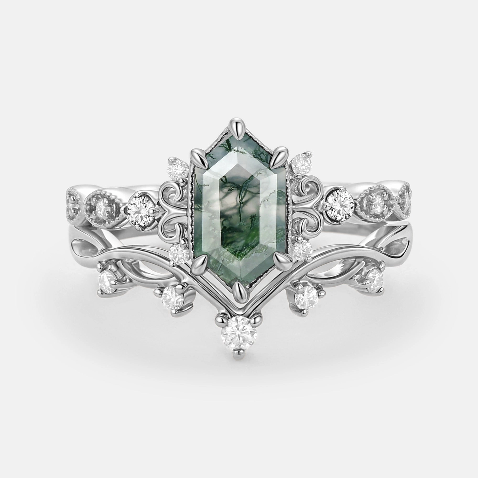 Long Hexagon Moss Agate Engagement Ring Set 2pcs - Beryl Premium Form Cozy Accent