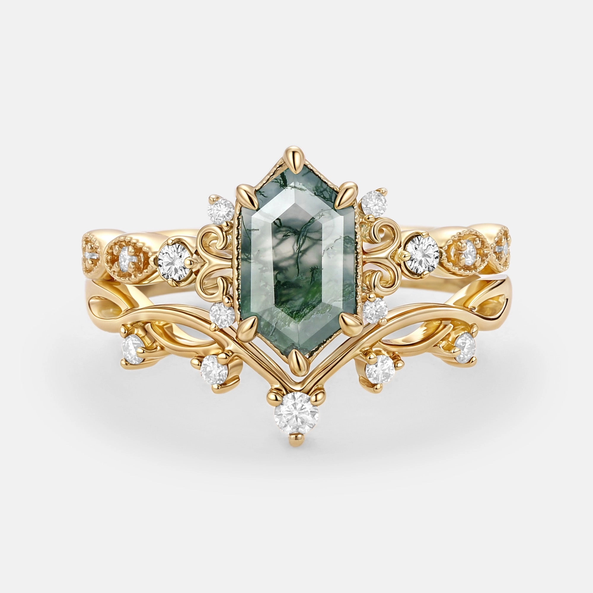 Distinctive Touch Pieces Long Hexagon Moss Agate Engagement Ring Set 2pcs - Beryl