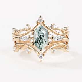 Luxury Highlight Long Hexagon Moss Agate Leafy Engagement Ring Set 3pcs