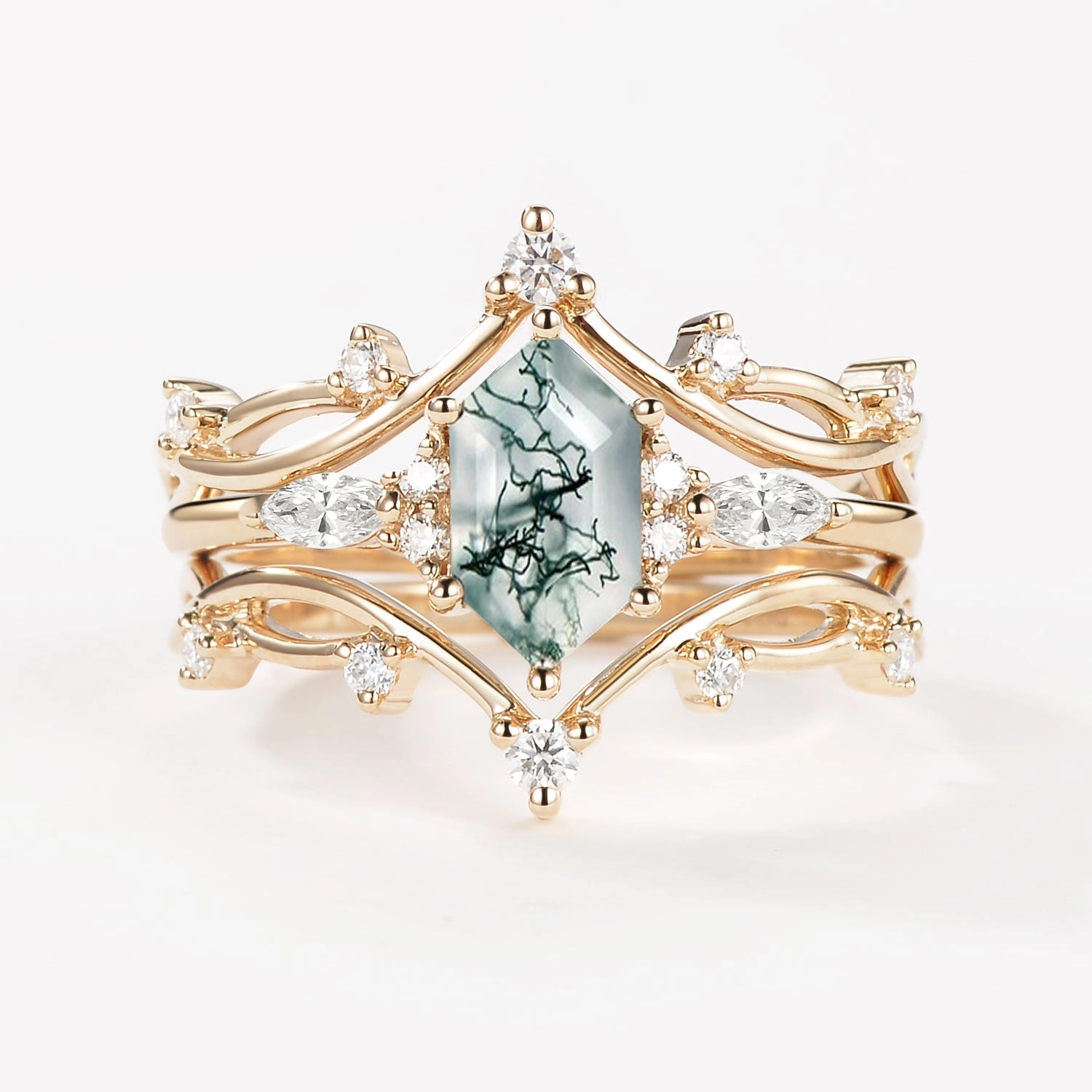Long Hexagon Moss Agate Leafy Engagement Ring Set 3pcs Classic Elegance Casual Touch