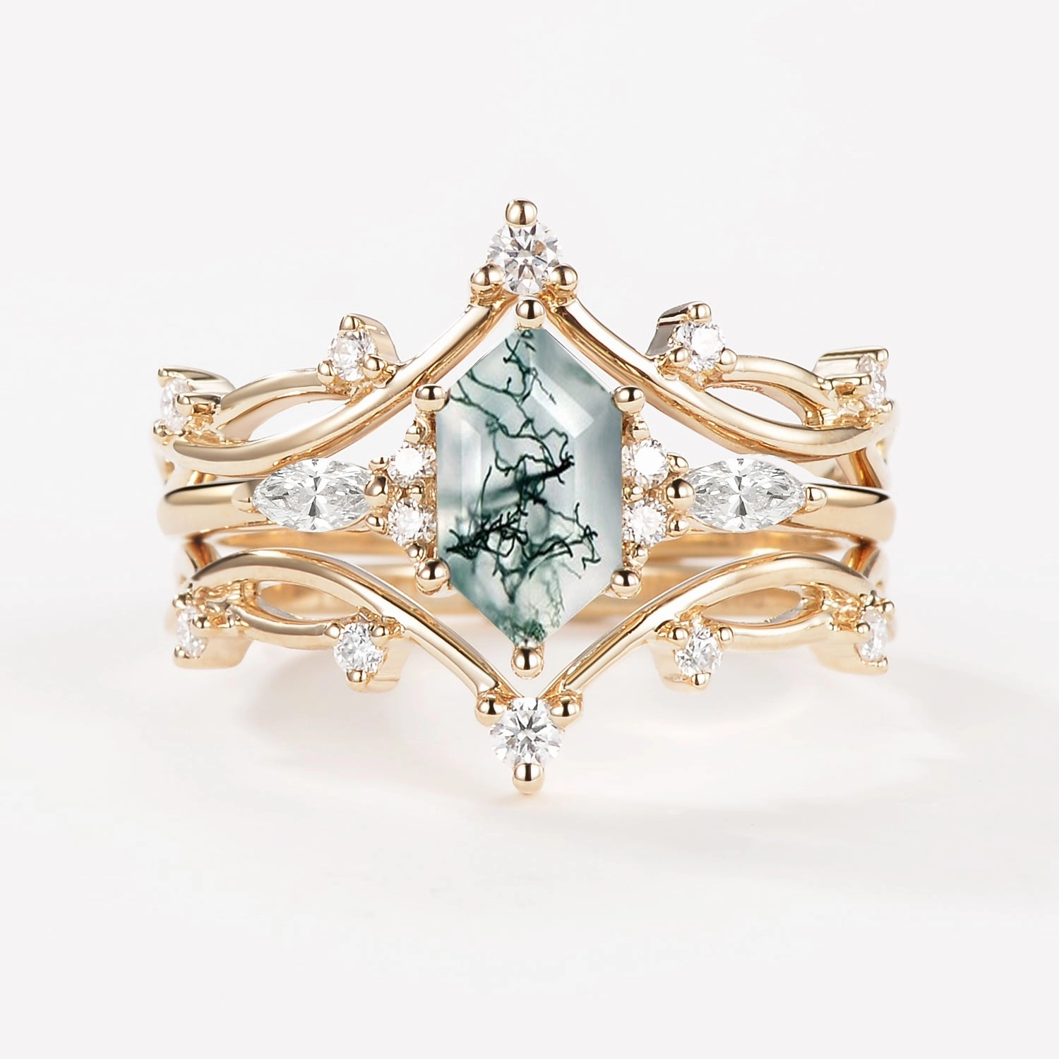 Luxury Highlight Long Hexagon Moss Agate Leafy Engagement Ring Set 3pcs