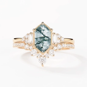 Long Hexagon Moss Agate Milgrain Engagement Ring Set 2pcs Luxury Appeal