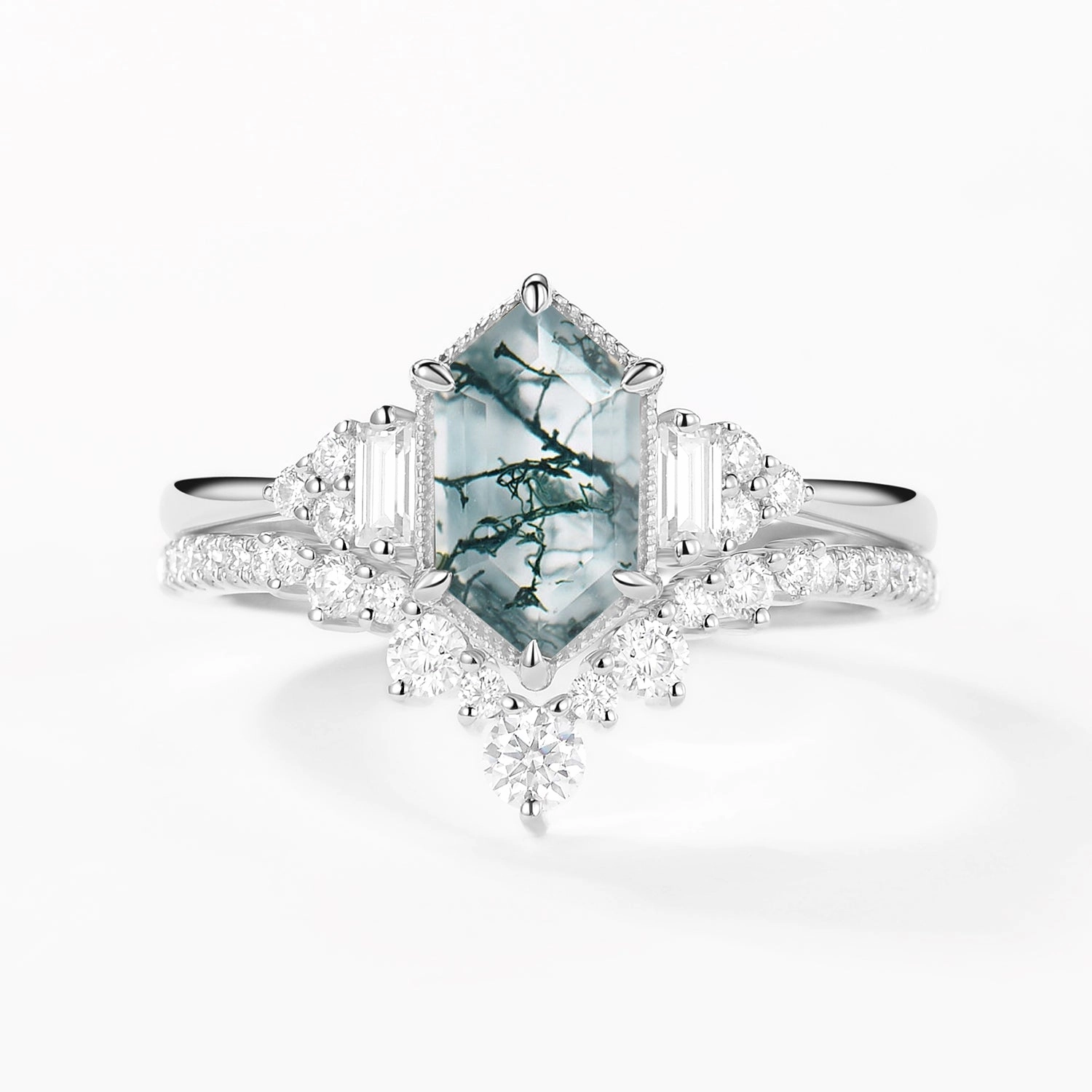 Long Hexagon Moss Agate Milgrain Engagement Ring Set 2pcs Silky Finish