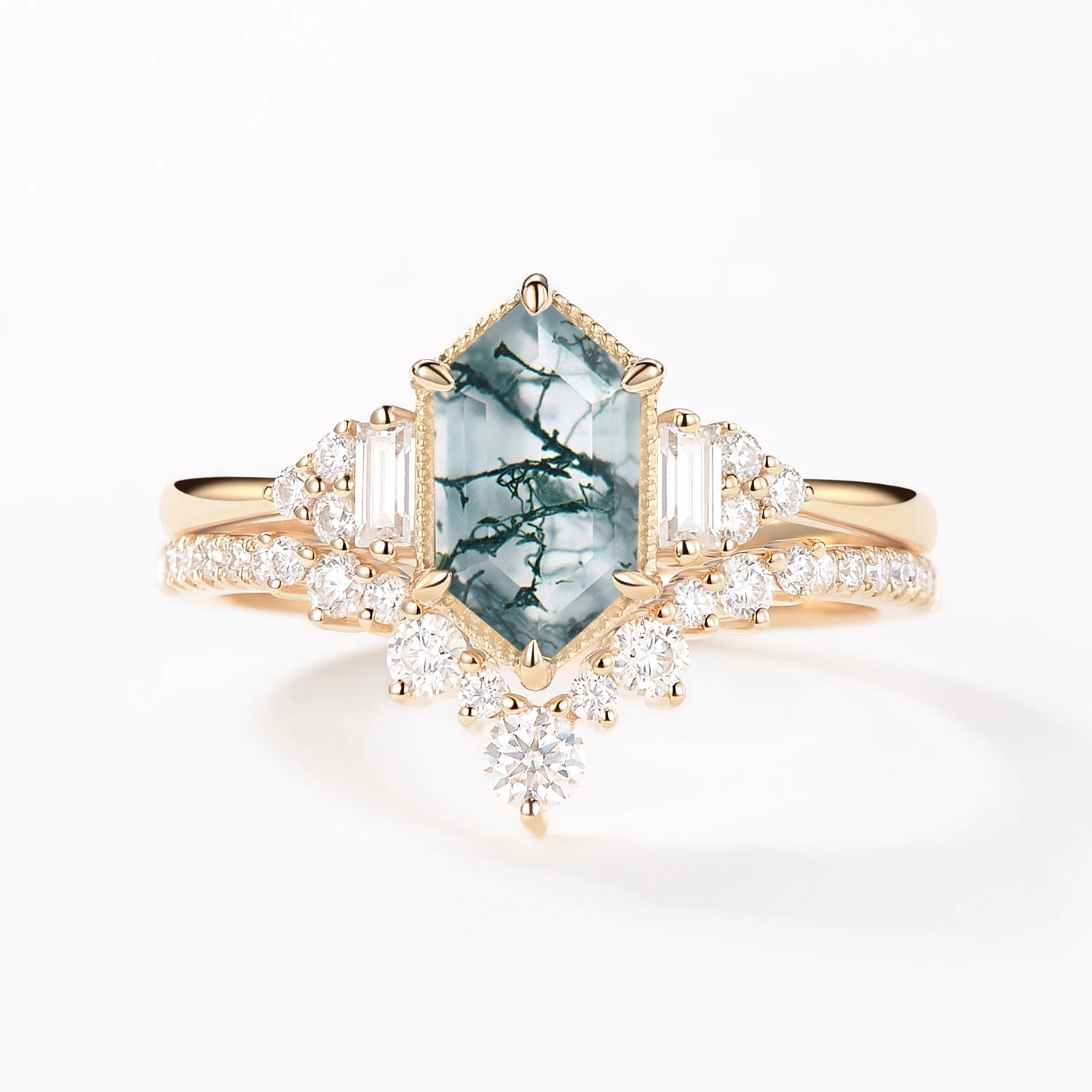 Long Hexagon Moss Agate Milgrain Engagement Ring Set 2pcs Luxury Appeal