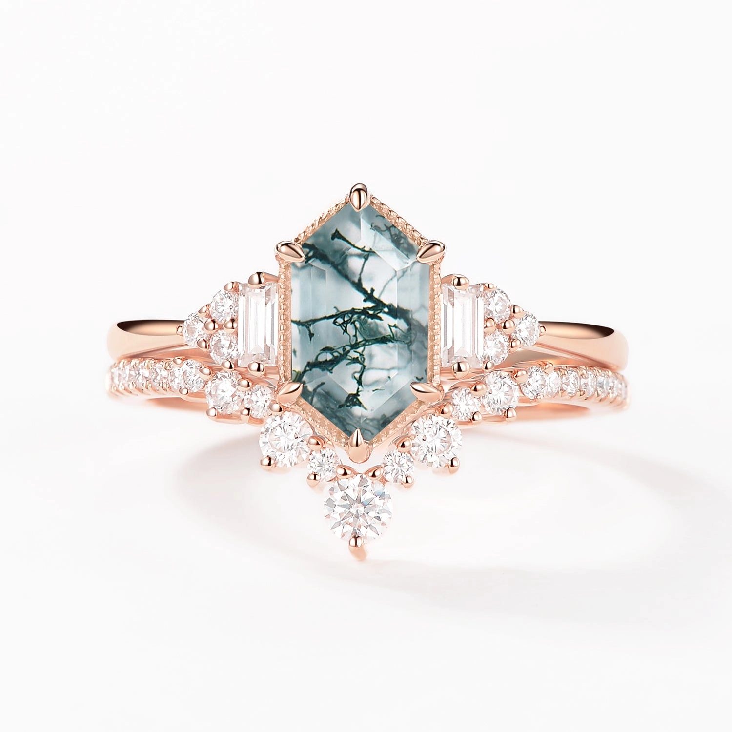 Luxurious Finish Long Hexagon Moss Agate Milgrain Engagement Ring Set 2pcs