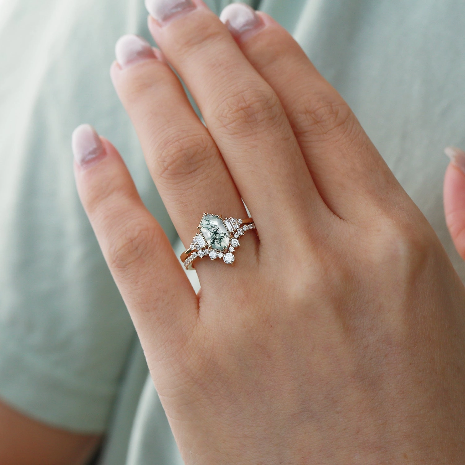 Chic Gift Long Hexagon Moss Agate Milgrain Engagement Ring Set 2pcs