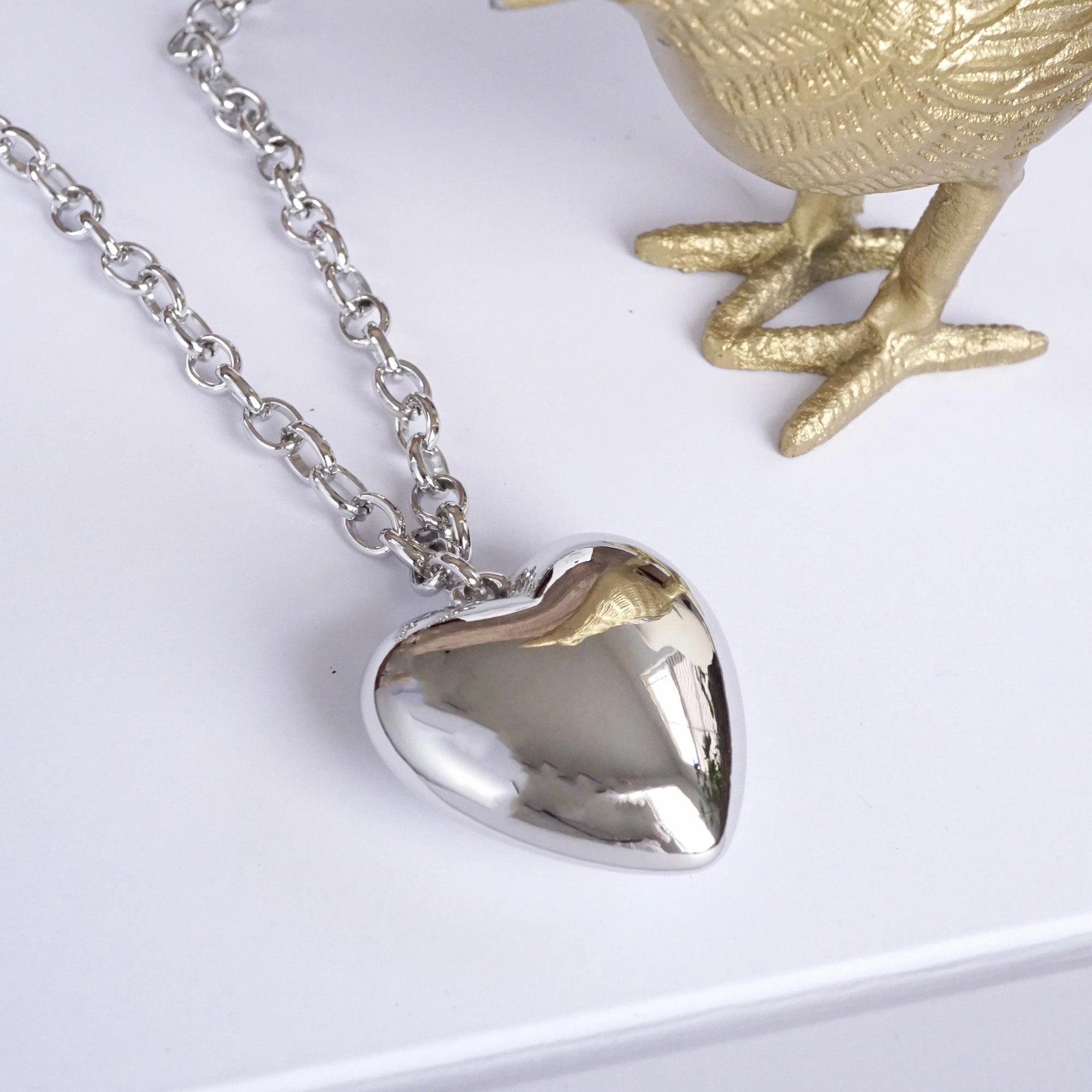 Long Minimal Chain Necklace with Puffy Heart ?C Gold or Silver Tone Birthday gift