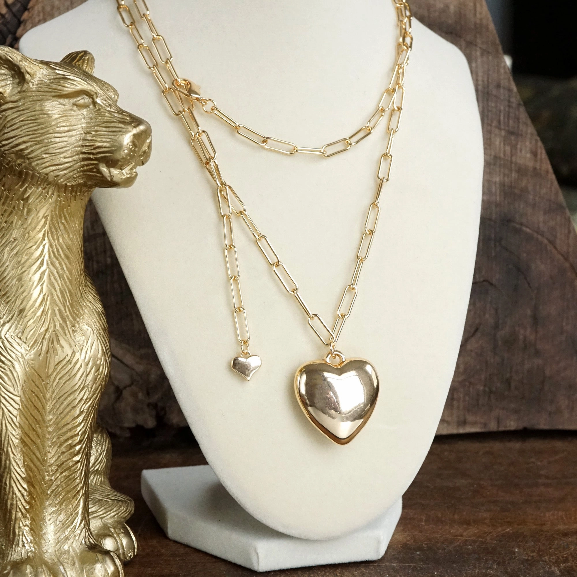 Signature Piece Long Puffy Heart Paperclip Chain Necklace ?C Gold Tone