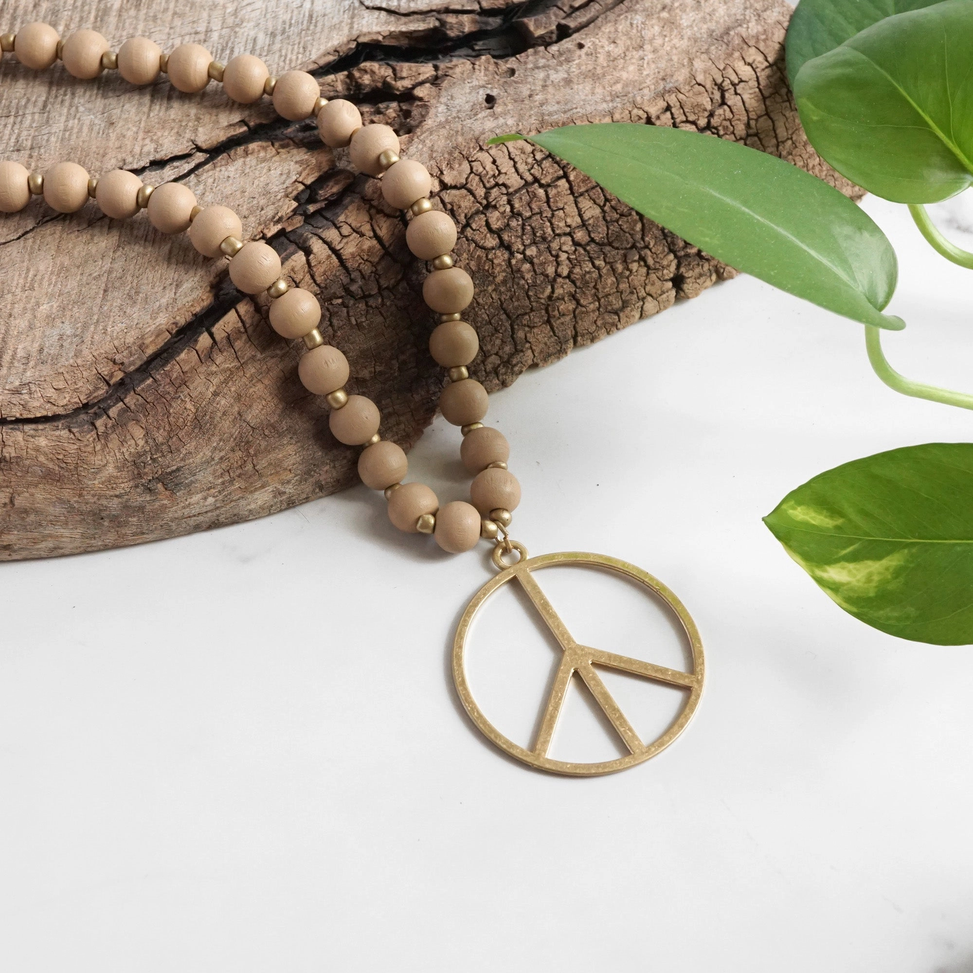 Radiant Accent Gorgeous Piece Long Wood Bead Necklace with golden peace sign pendant - Natural Beige