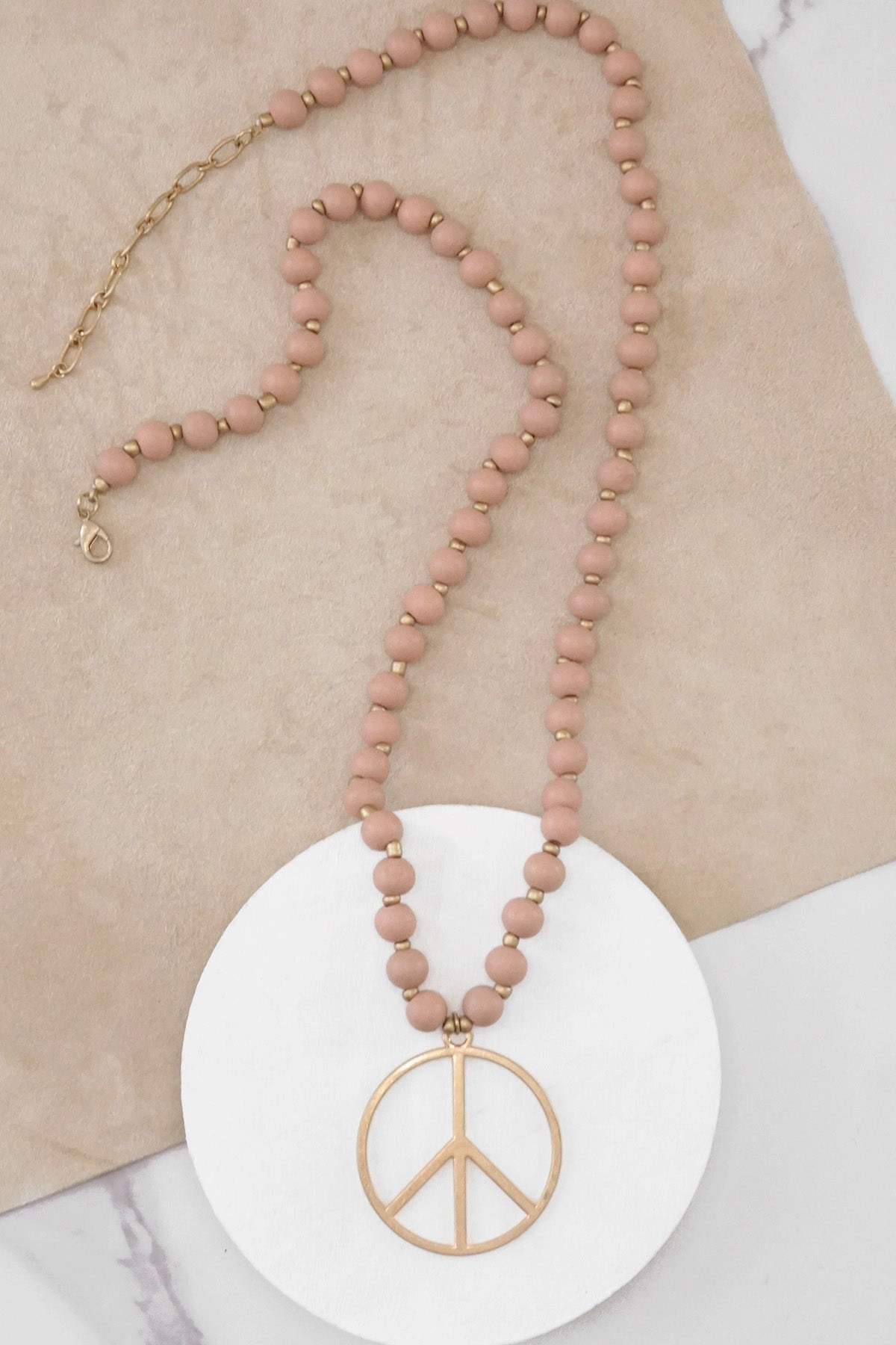 Date Gift Minimal Accent Long Wood Bead Necklace with golden peace sign pendant - Pink