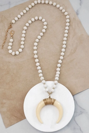Long Wooden Bead Necklace with acrylic antler - Cream High-Quality Present