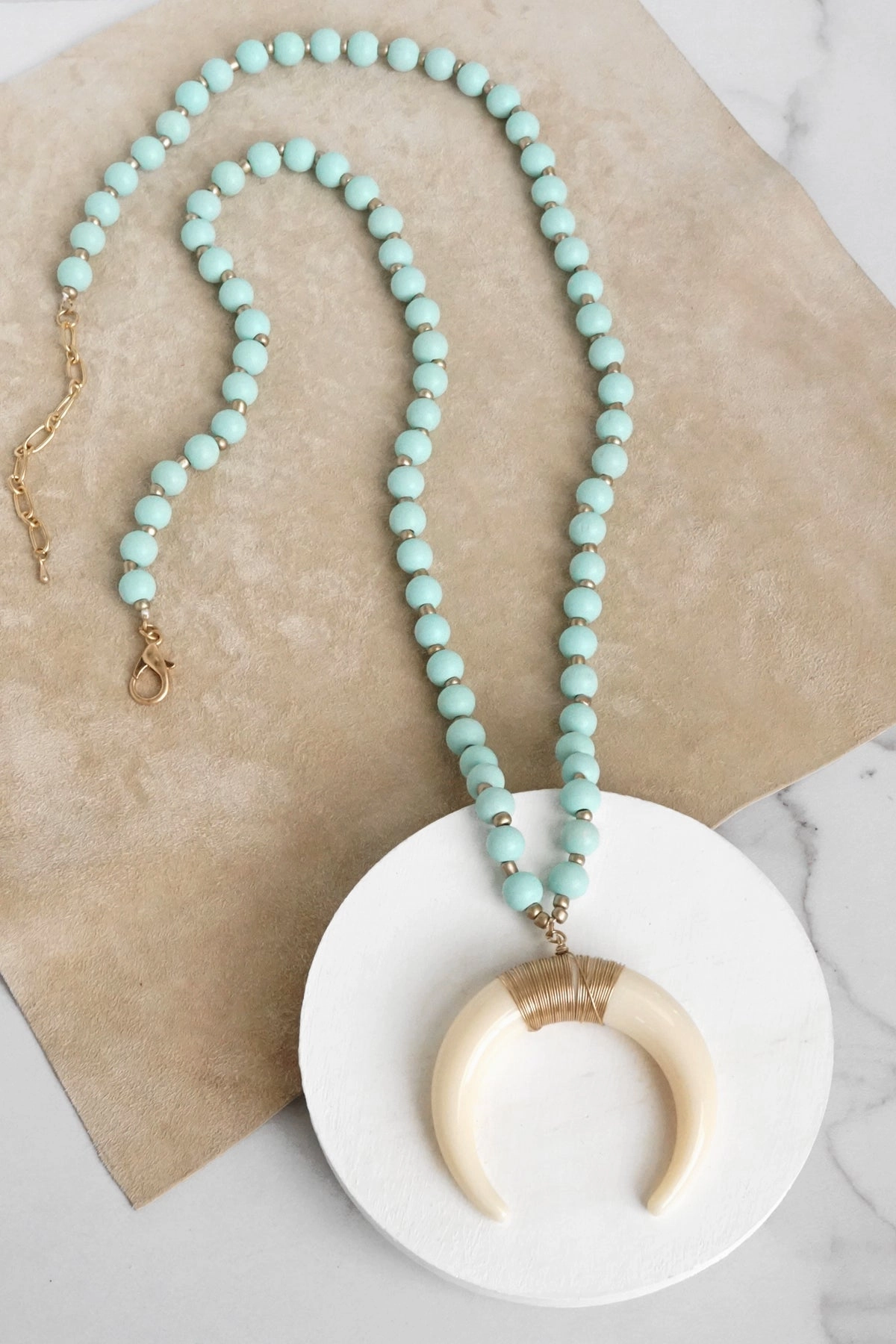 Long Wooden Bead Necklace with acrylic antler - turquoise Rural Chic