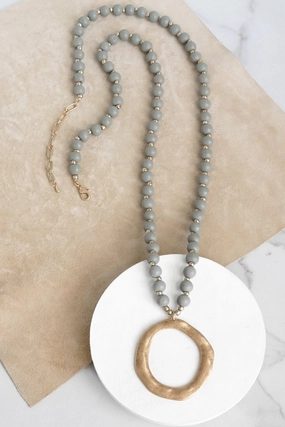 Confidence Boosting Accessory Long Wooden Bead Necklace with gold circle - gray