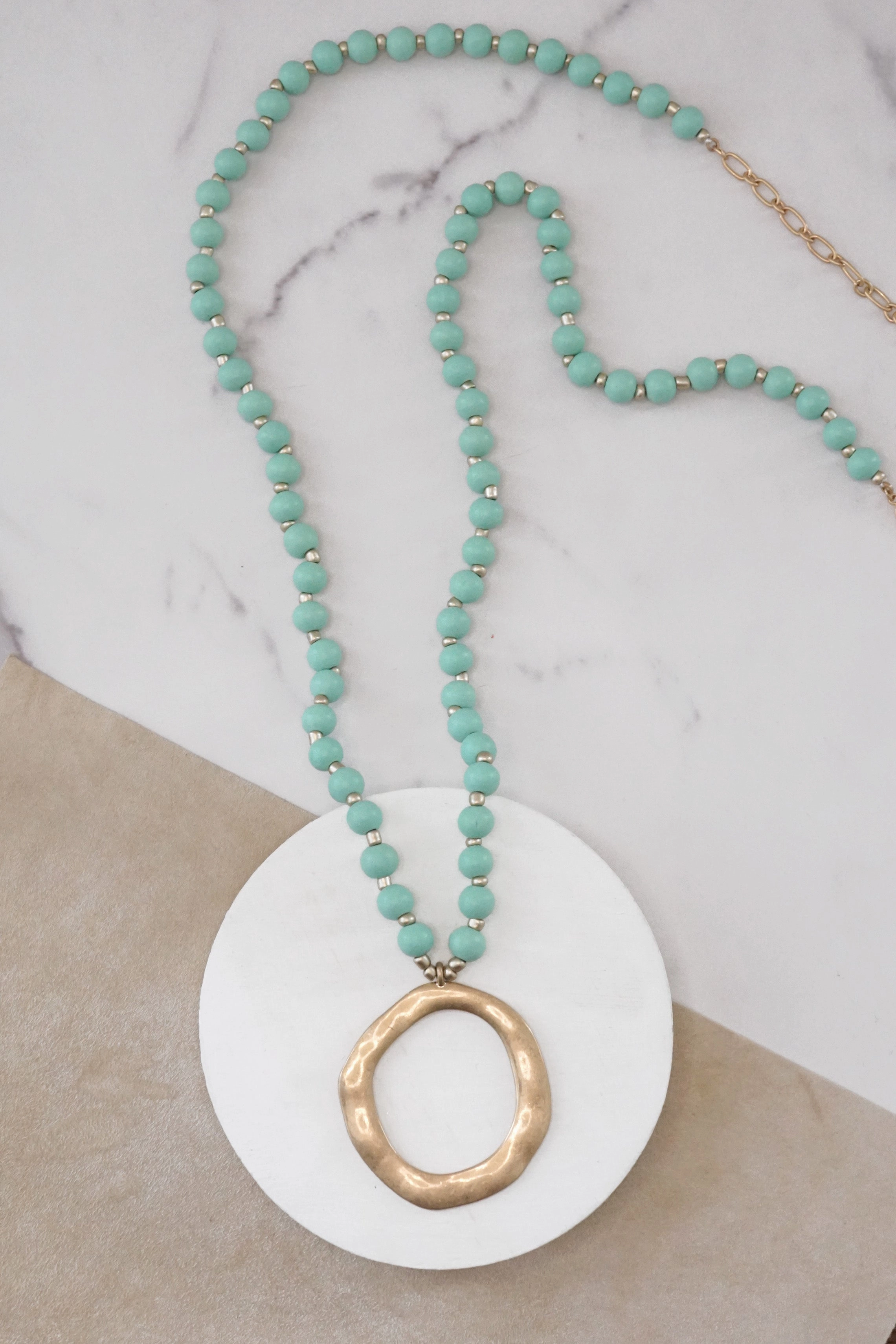 Common Piece Long Wooden Bead Necklace with gold circle - Mint Green