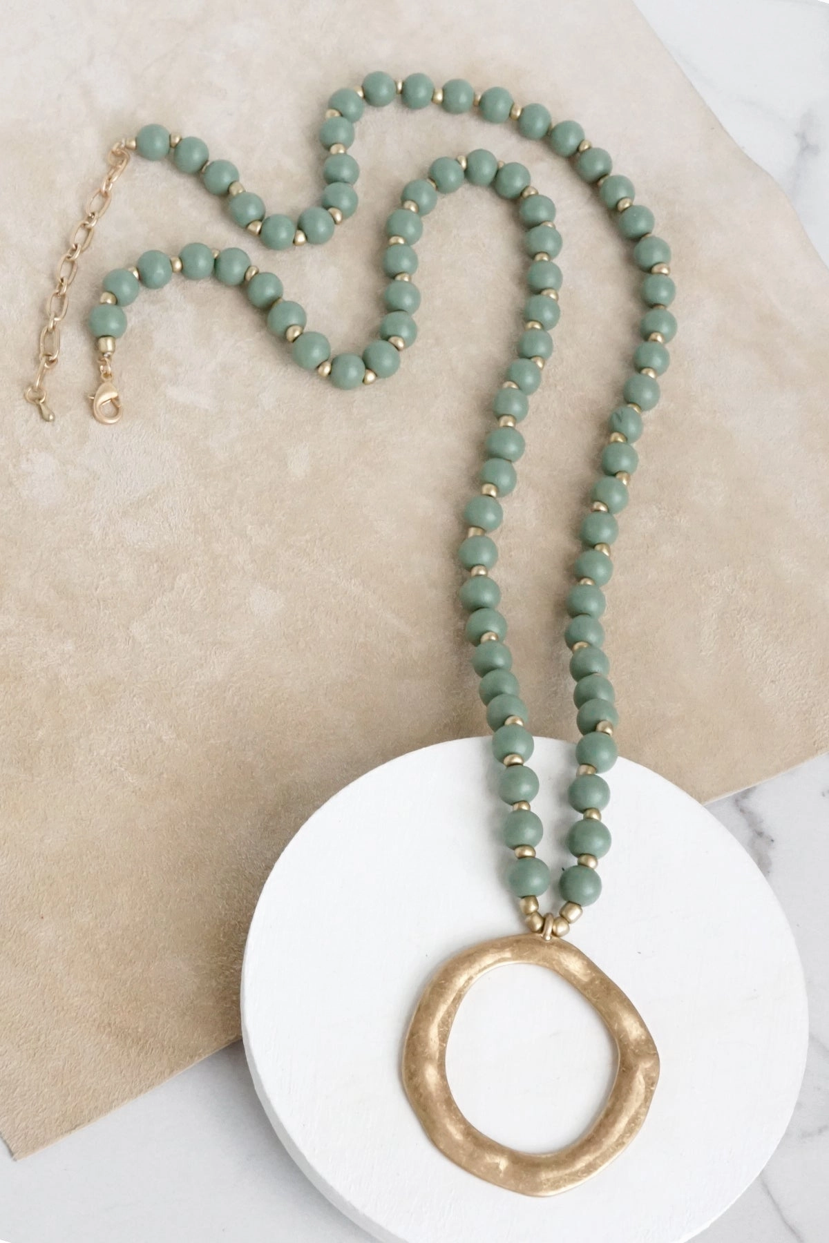 Long Wooden Bead Necklace with gold circle - olive green Perfect Item