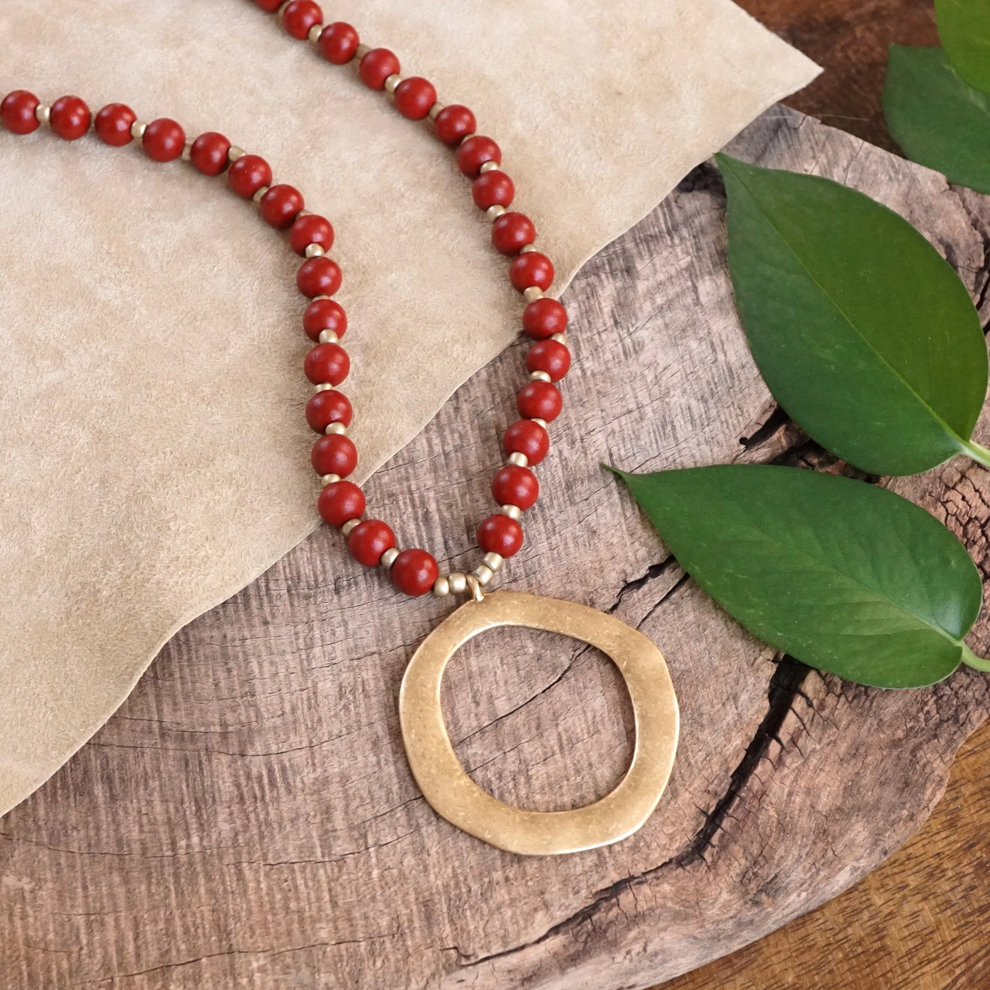 Long Wooden Bead Necklace with gold circle - Red Burgundy Wine Hanging Pendant Adornment