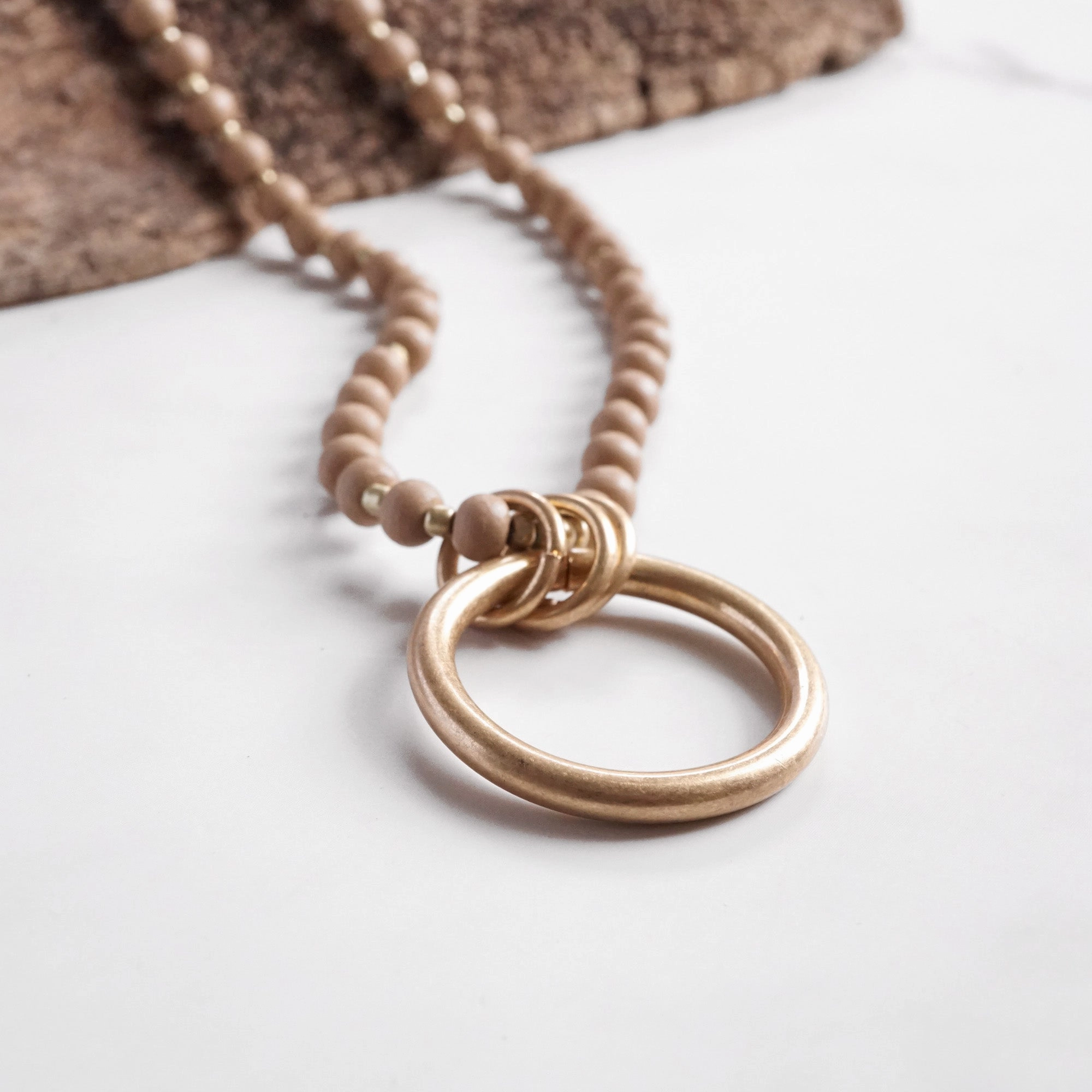 Long Wooden Bead Necklace with gold circle ring - Beige Natural Charming Accent