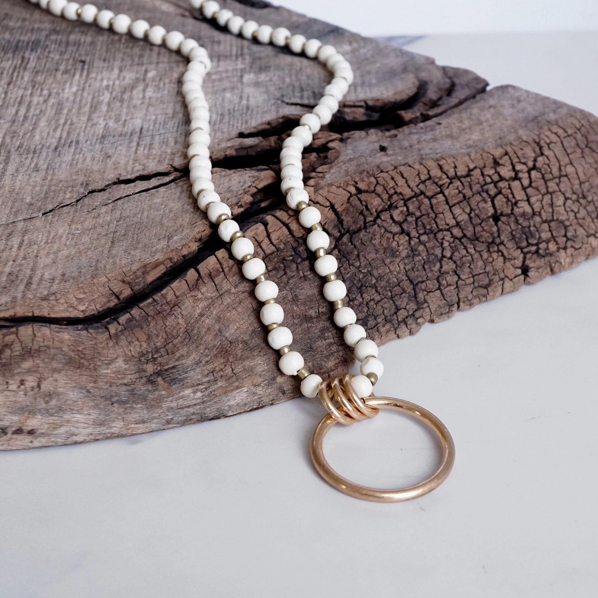Event Ready Fantastic Piece Long Wooden Bead Necklace with gold circle ring - Cream